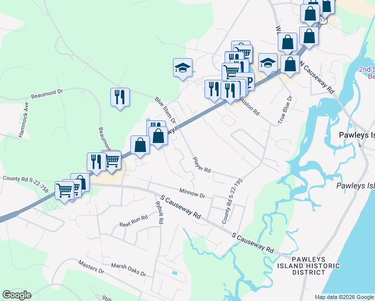 map of restaurants, bars, coffee shops, grocery stores, and more near 126 Player Road in Pawleys Island