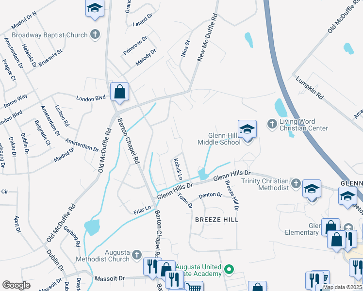 map of restaurants, bars, coffee shops, grocery stores, and more near 2459 Emery Hills Drive in Augusta