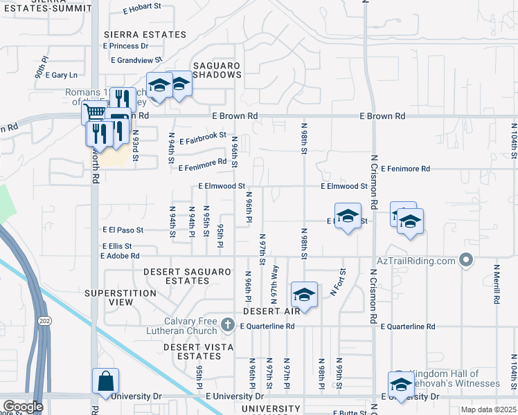 map of restaurants, bars, coffee shops, grocery stores, and more near 918 North 97th Street in Mesa