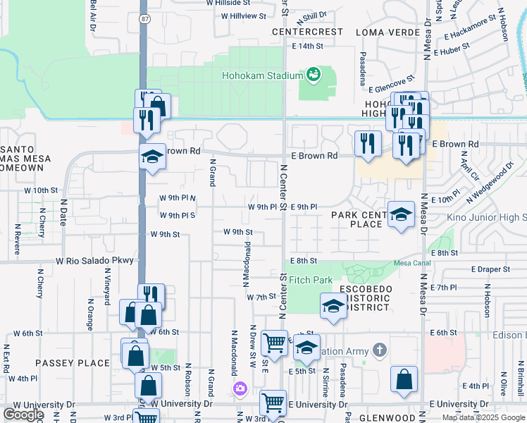 map of restaurants, bars, coffee shops, grocery stores, and more near 39 West 9th Place in Mesa