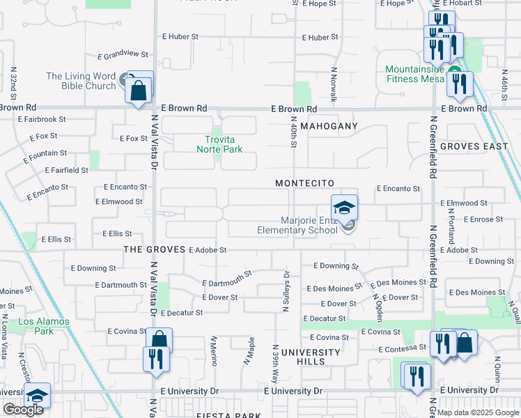 map of restaurants, bars, coffee shops, grocery stores, and more near 3917 East Elmwood Street in Mesa
