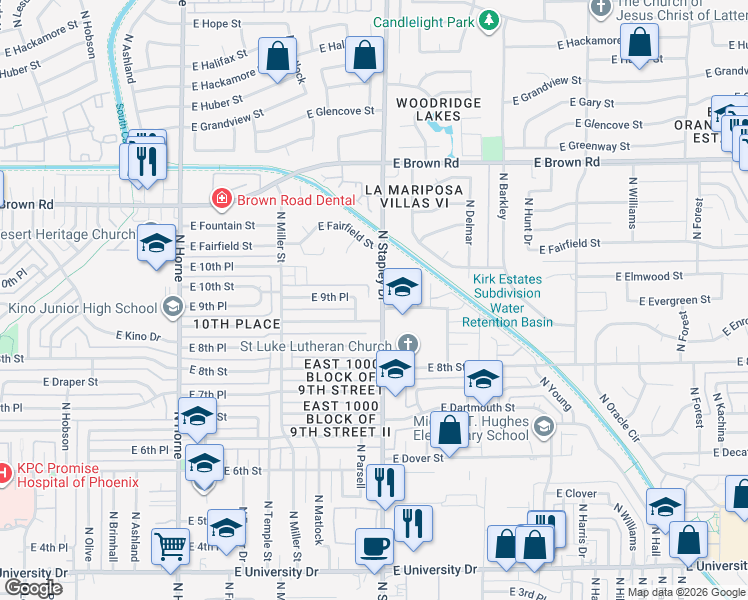map of restaurants, bars, coffee shops, grocery stores, and more near 914 North Stapley Drive in Mesa