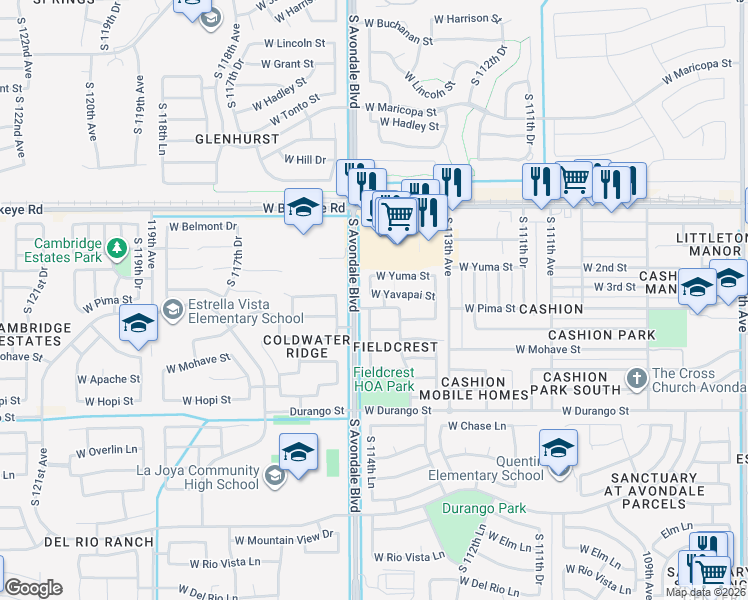 map of restaurants, bars, coffee shops, grocery stores, and more near 11417 West Yavapai Street in Avondale