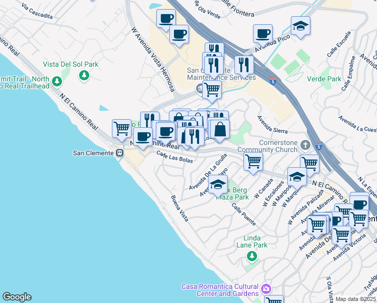 map of restaurants, bars, coffee shops, grocery stores, and more near 1520 North El Camino Real in San Clemente