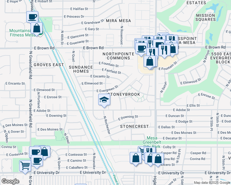 map of restaurants, bars, coffee shops, grocery stores, and more near 4918 East Enrose Street in Mesa
