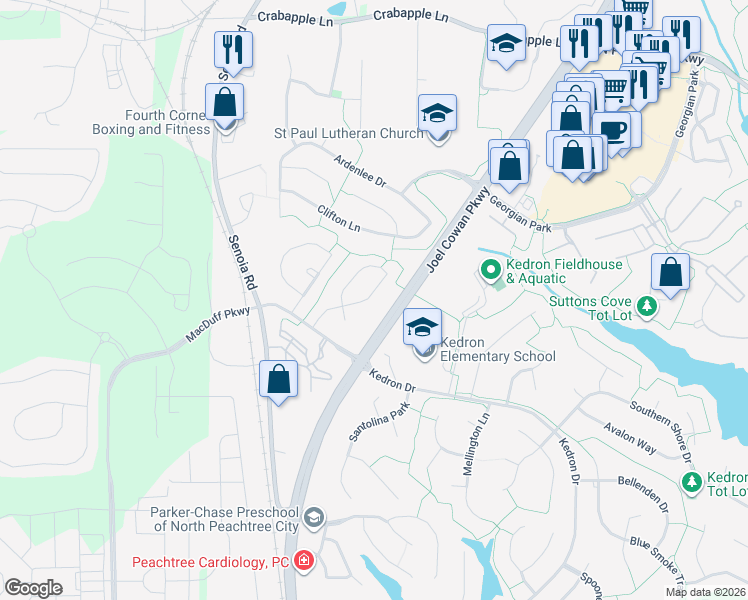 map of restaurants, bars, coffee shops, grocery stores, and more near 116 Sagamore Lane in Peachtree City