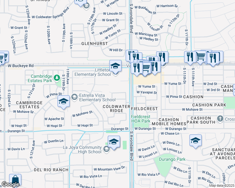 map of restaurants, bars, coffee shops, grocery stores, and more near 11577 West Yuma Street in Avondale