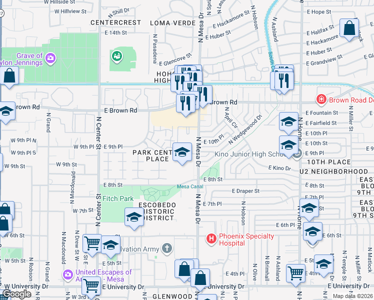 map of restaurants, bars, coffee shops, grocery stores, and more near 930 North Mesa Drive in Mesa