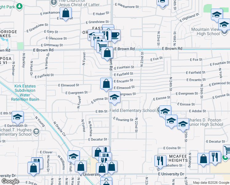 map of restaurants, bars, coffee shops, grocery stores, and more near 2018 East Evergreen Street in Mesa