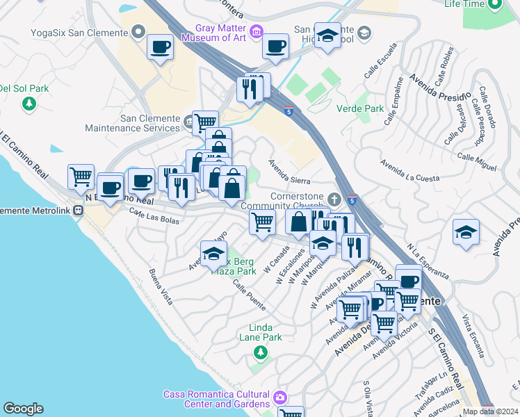 map of restaurants, bars, coffee shops, grocery stores, and more near 105 La Ronda in San Clemente