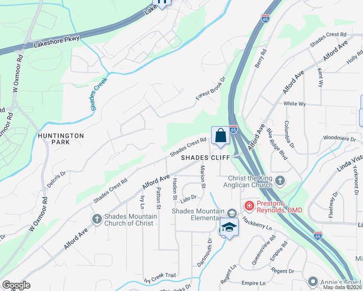 map of restaurants, bars, coffee shops, grocery stores, and more near 1120 Shades Crest Road in Birmingham