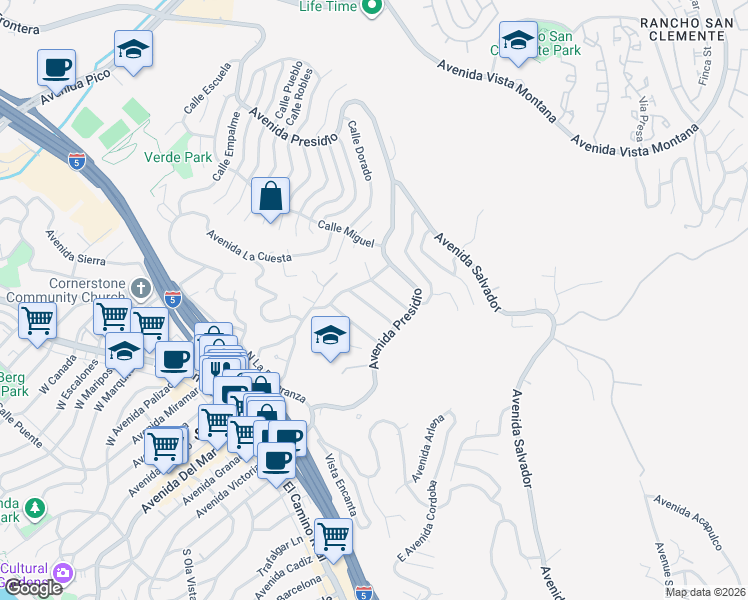 map of restaurants, bars, coffee shops, grocery stores, and more near 215 Calle De Anza in San Clemente