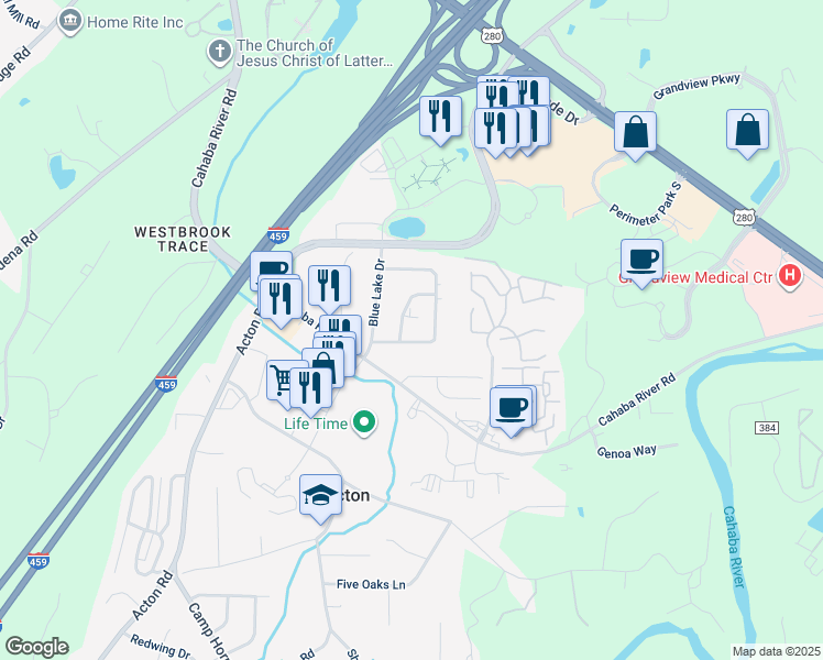 map of restaurants, bars, coffee shops, grocery stores, and more near 3106 Pine Tree Drive in Birmingham