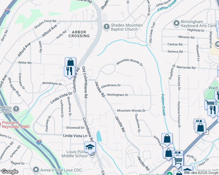 map of restaurants, bars, coffee shops, grocery stores, and more near 1817 Glendmere Drive in Vestavia Hills