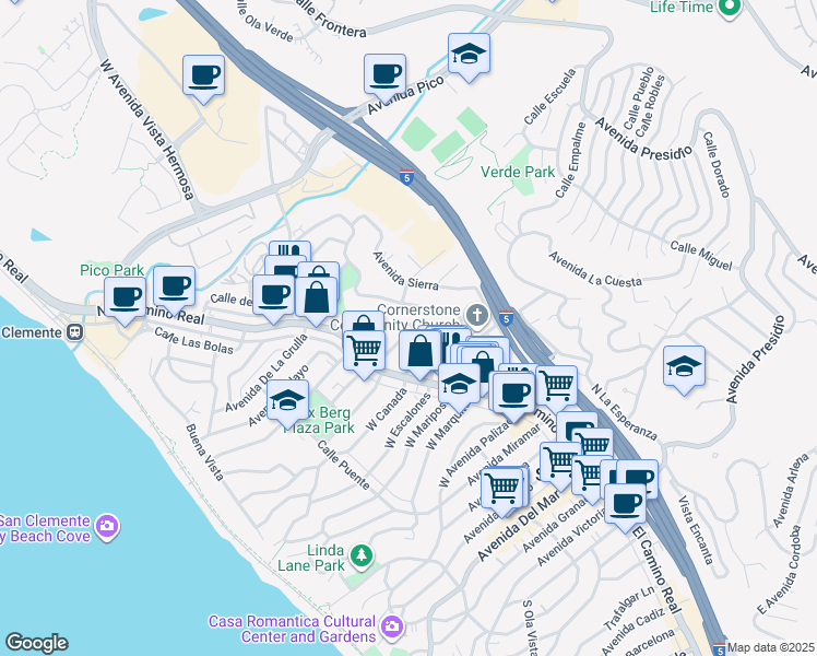 map of restaurants, bars, coffee shops, grocery stores, and more near 123 East El Portal in San Clemente
