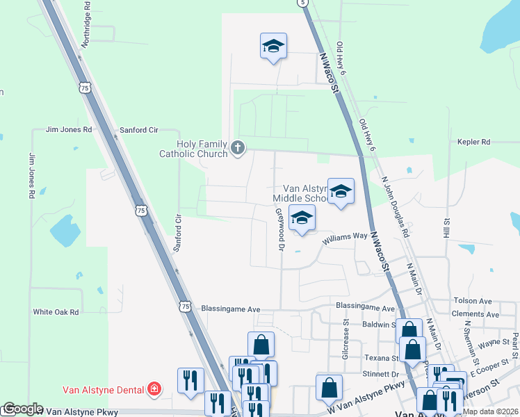 map of restaurants, bars, coffee shops, grocery stores, and more near 1282 Greywood Drive in Van Alstyne