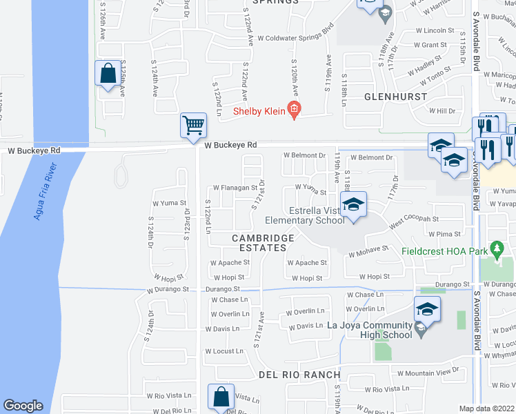 map of restaurants, bars, coffee shops, grocery stores, and more near 1433 South 121st Drive in Avondale