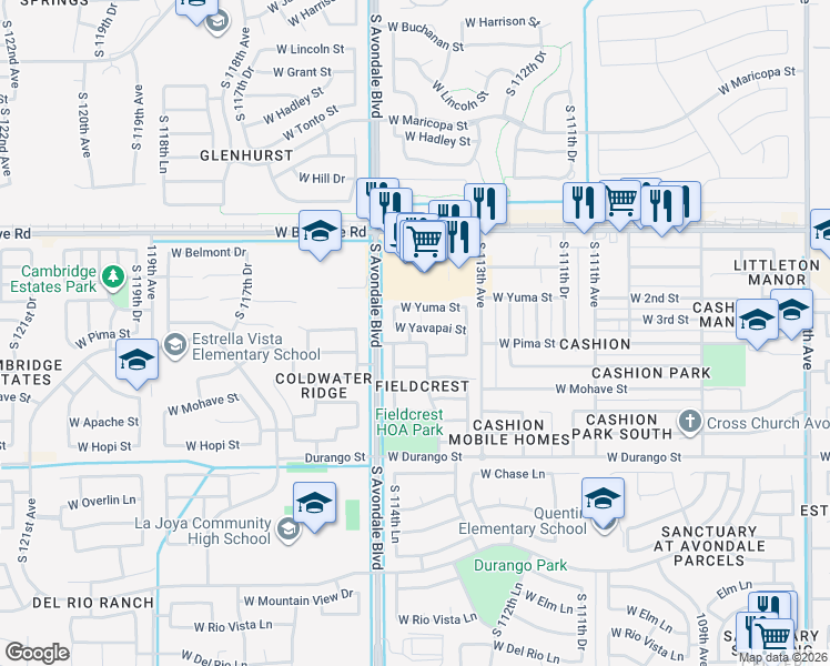 map of restaurants, bars, coffee shops, grocery stores, and more near 11417 W Yavapai St in Avondale