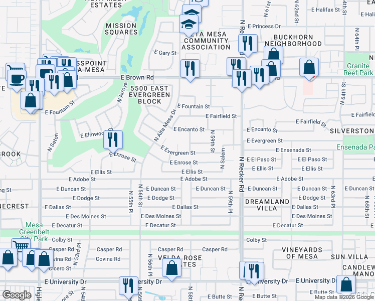 map of restaurants, bars, coffee shops, grocery stores, and more near 5756 East Evergreen Street in Mesa