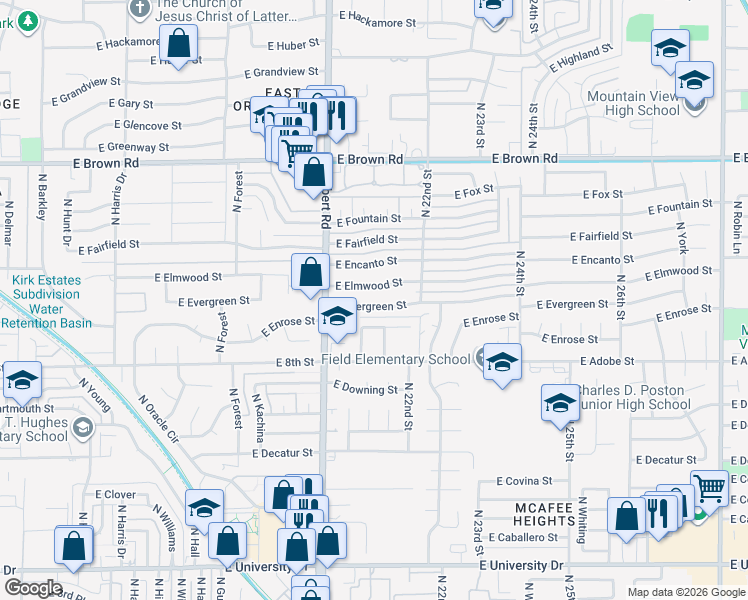 map of restaurants, bars, coffee shops, grocery stores, and more near 2064 East Evergreen Street in Mesa