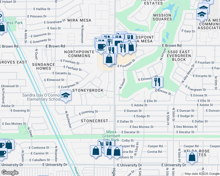 map of restaurants, bars, coffee shops, grocery stores, and more near 5136 East Evergreen Street in Mesa