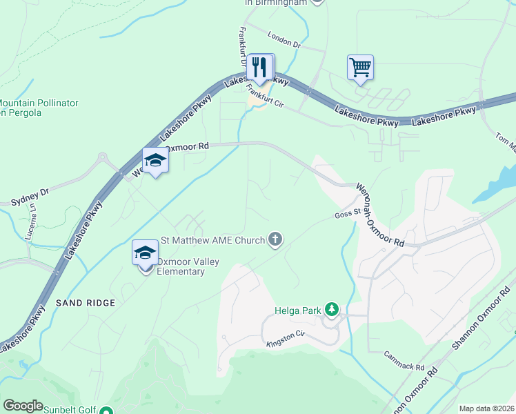 map of restaurants, bars, coffee shops, grocery stores, and more near 104 Pretoria Circle in Birmingham