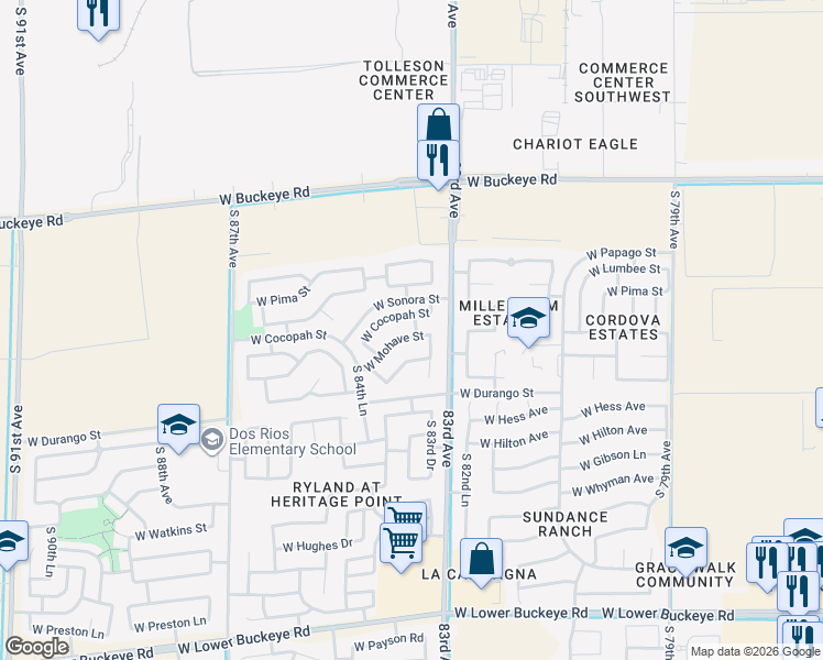map of restaurants, bars, coffee shops, grocery stores, and more near 8330 West Mohave Street in Tolleson