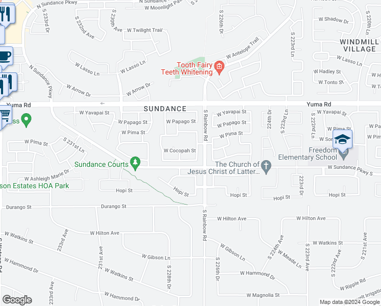 map of restaurants, bars, coffee shops, grocery stores, and more near 22751 West Cocopah Street in Buckeye