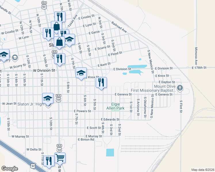 map of restaurants, bars, coffee shops, grocery stores, and more near 599 E Dayton St in Slaton