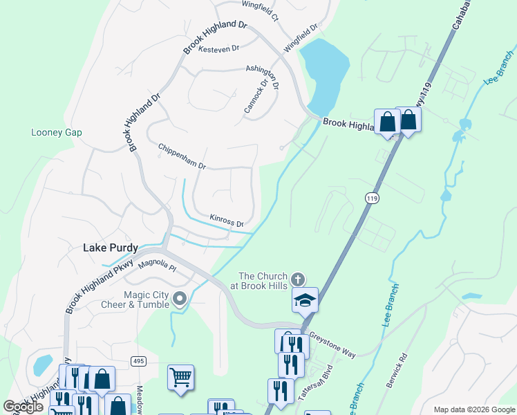 map of restaurants, bars, coffee shops, grocery stores, and more near 3825 Kinross Drive in Birmingham