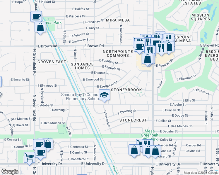 map of restaurants, bars, coffee shops, grocery stores, and more near 4843 East Evergreen Street in Mesa