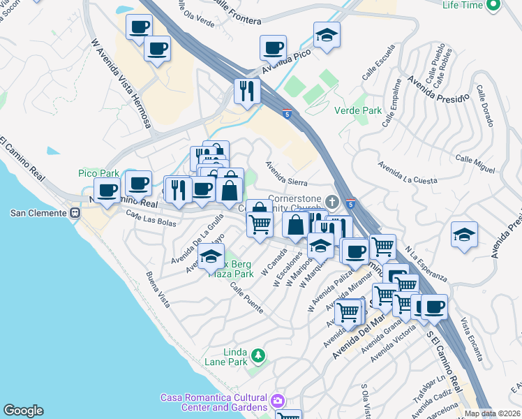 map of restaurants, bars, coffee shops, grocery stores, and more near 111 Chiquita in San Clemente