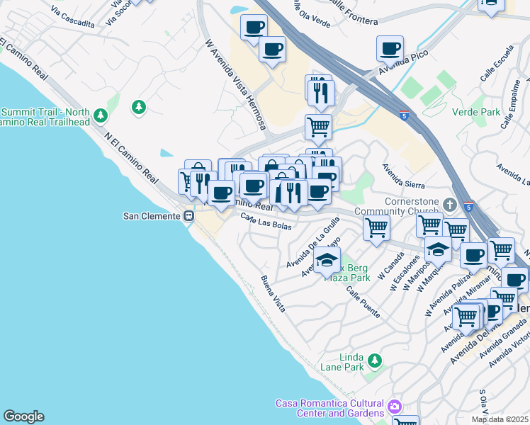 map of restaurants, bars, coffee shops, grocery stores, and more near 1618 Calle Las Bolas in San Clemente