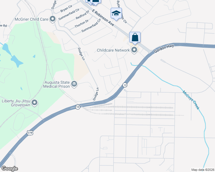 map of restaurants, bars, coffee shops, grocery stores, and more near 1201 Derby Lane in Grovetown