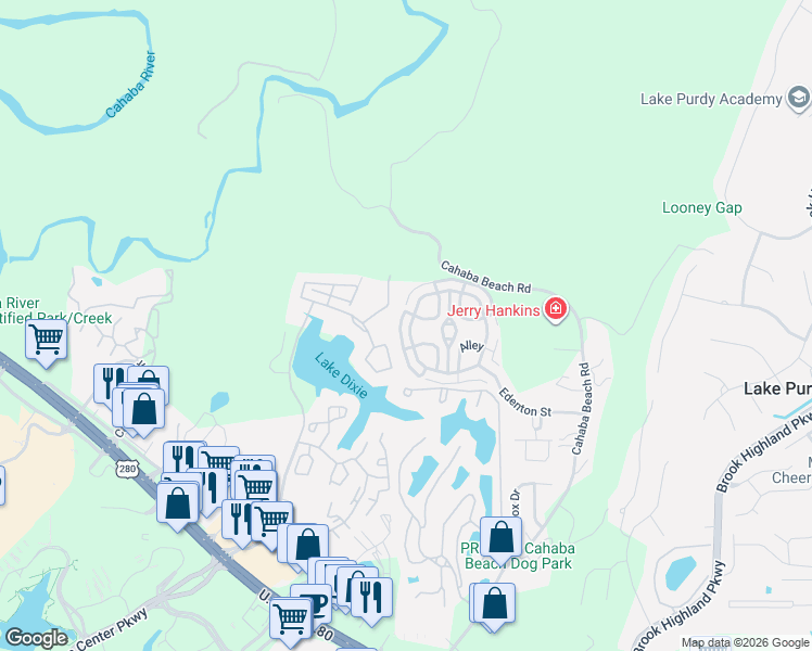 map of restaurants, bars, coffee shops, grocery stores, and more near 24105 Portobello Road in Birmingham