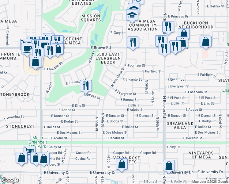 map of restaurants, bars, coffee shops, grocery stores, and more near 5627 East Evergreen Street in Mesa