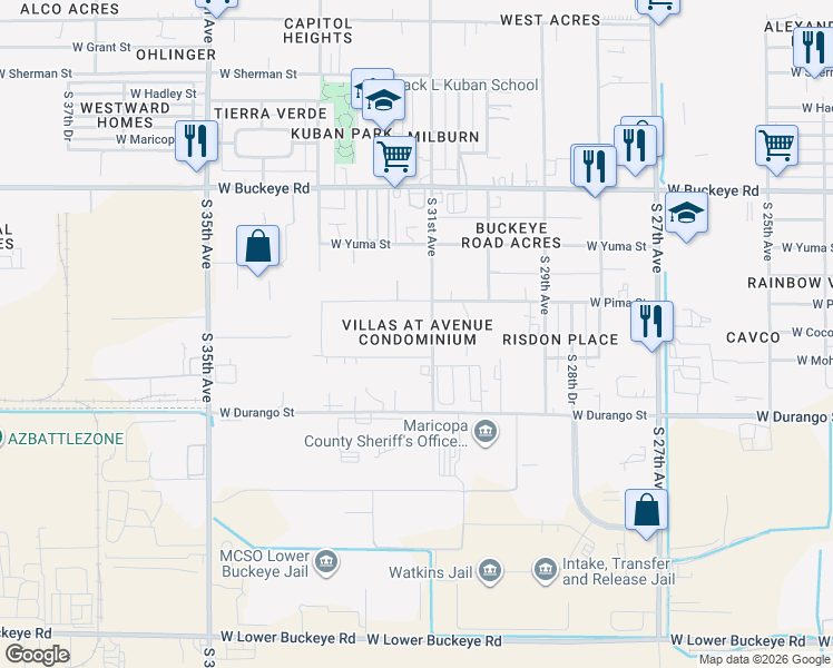 map of restaurants, bars, coffee shops, grocery stores, and more near 1622 South 31st Avenue in Phoenix