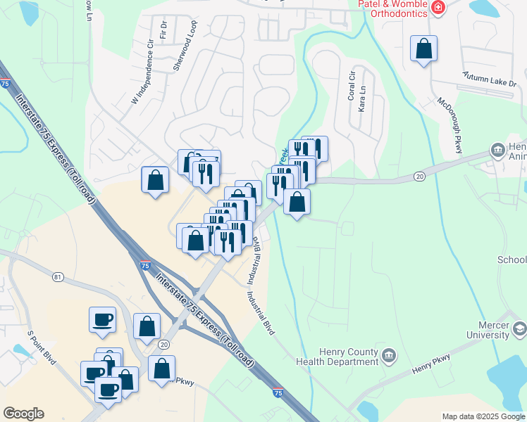 map of restaurants, bars, coffee shops, grocery stores, and more near Highway 20 in McDonough