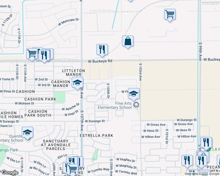 map of restaurants, bars, coffee shops, grocery stores, and more near 1427 South 105th Drive in Tolleson