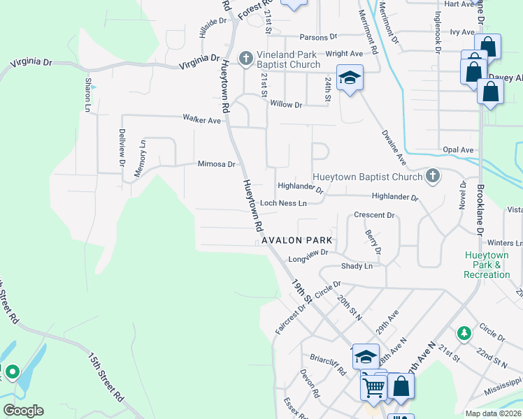 map of restaurants, bars, coffee shops, grocery stores, and more near 1214 Hueytown Road in Hueytown