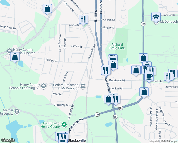 map of restaurants, bars, coffee shops, grocery stores, and more near 15 Racetrack Road in McDonough