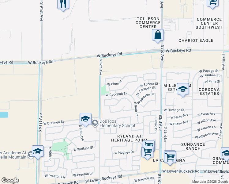 map of restaurants, bars, coffee shops, grocery stores, and more near 8605 West Sonora Street in Tolleson