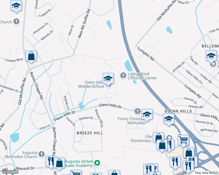 map of restaurants, bars, coffee shops, grocery stores, and more near 2941 Glenn Hills Drive in Augusta