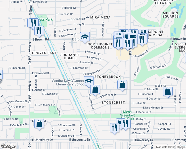 map of restaurants, bars, coffee shops, grocery stores, and more near 4843 East Evergreen Street in Mesa