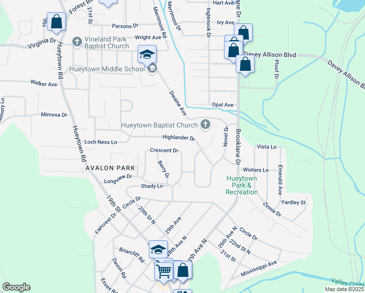 map of restaurants, bars, coffee shops, grocery stores, and more near 3345 Crescent Drive in Hueytown