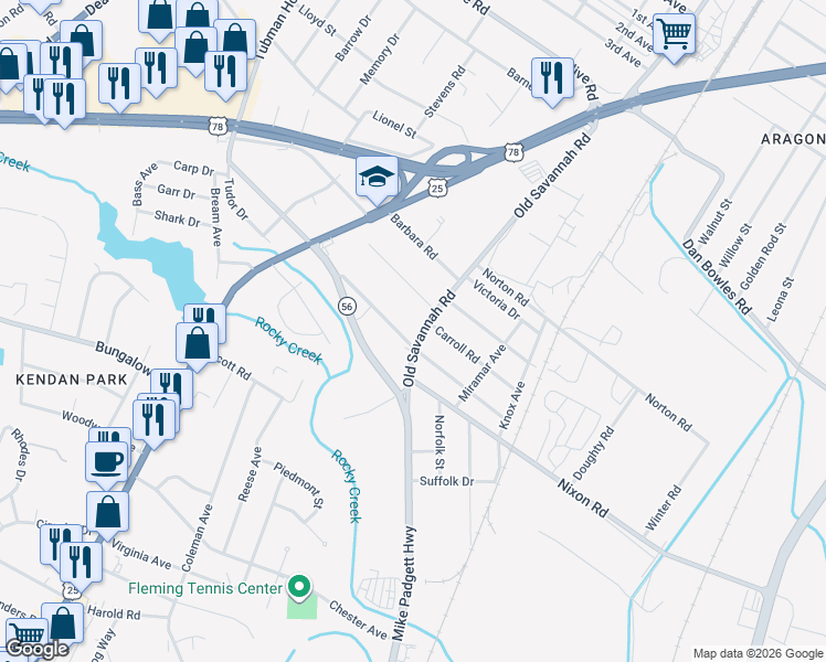 map of restaurants, bars, coffee shops, grocery stores, and more near 2367 Tubman Home Road in Augusta