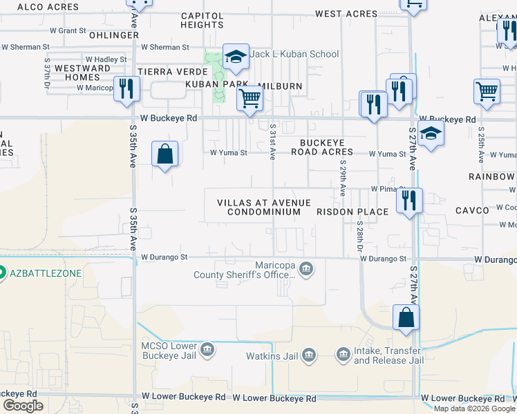 map of restaurants, bars, coffee shops, grocery stores, and more near 1628 South 31st Avenue in Phoenix