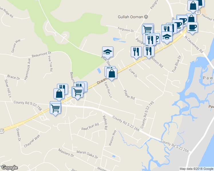 map of restaurants, bars, coffee shops, grocery stores, and more near 612 Egret Run Lane in Pawleys Island