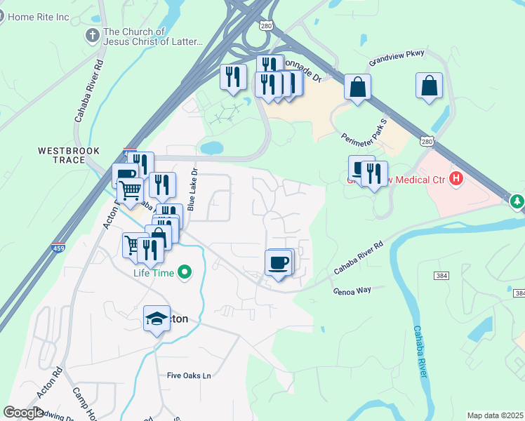 map of restaurants, bars, coffee shops, grocery stores, and more near 2112 Colony Park Drive in Vestavia Hills