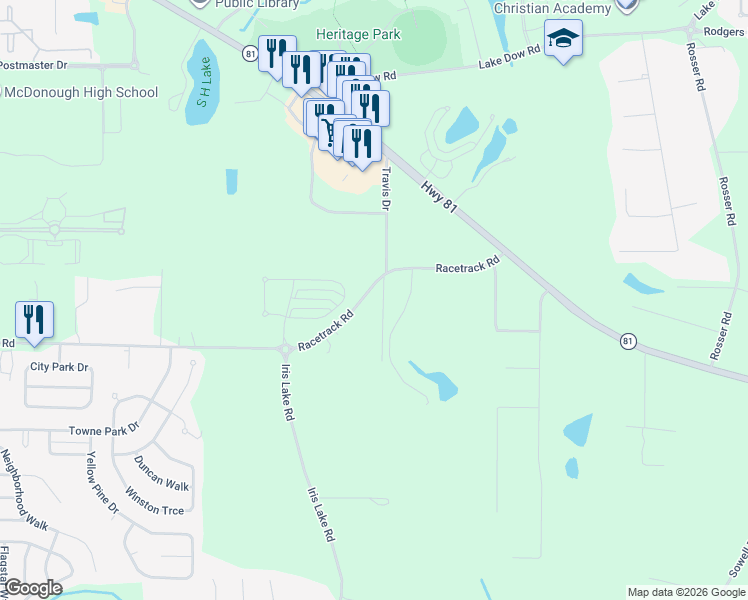 map of restaurants, bars, coffee shops, grocery stores, and more near 752 Racetrack Road in McDonough